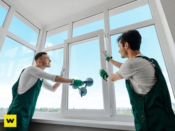 Zwei Handwerker montieren ein modernes Fenster im hellen Wohnraum für professionelle Fenstersanierung.